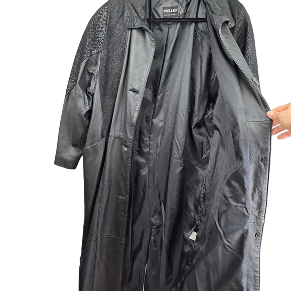 Vintage 80s Pelle Long Leather Jacker Trench Coat Duster Patterned Black Women M - Picture 2 of 13